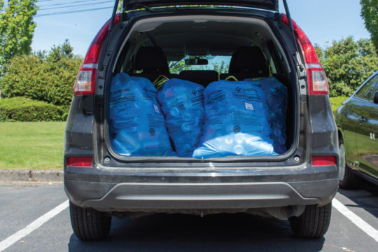 Stack of Blue Bags in the Back of a Van