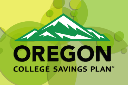 Oregon College Savings Plan logo lies atop a stylized version of Kairos Portland's logo.